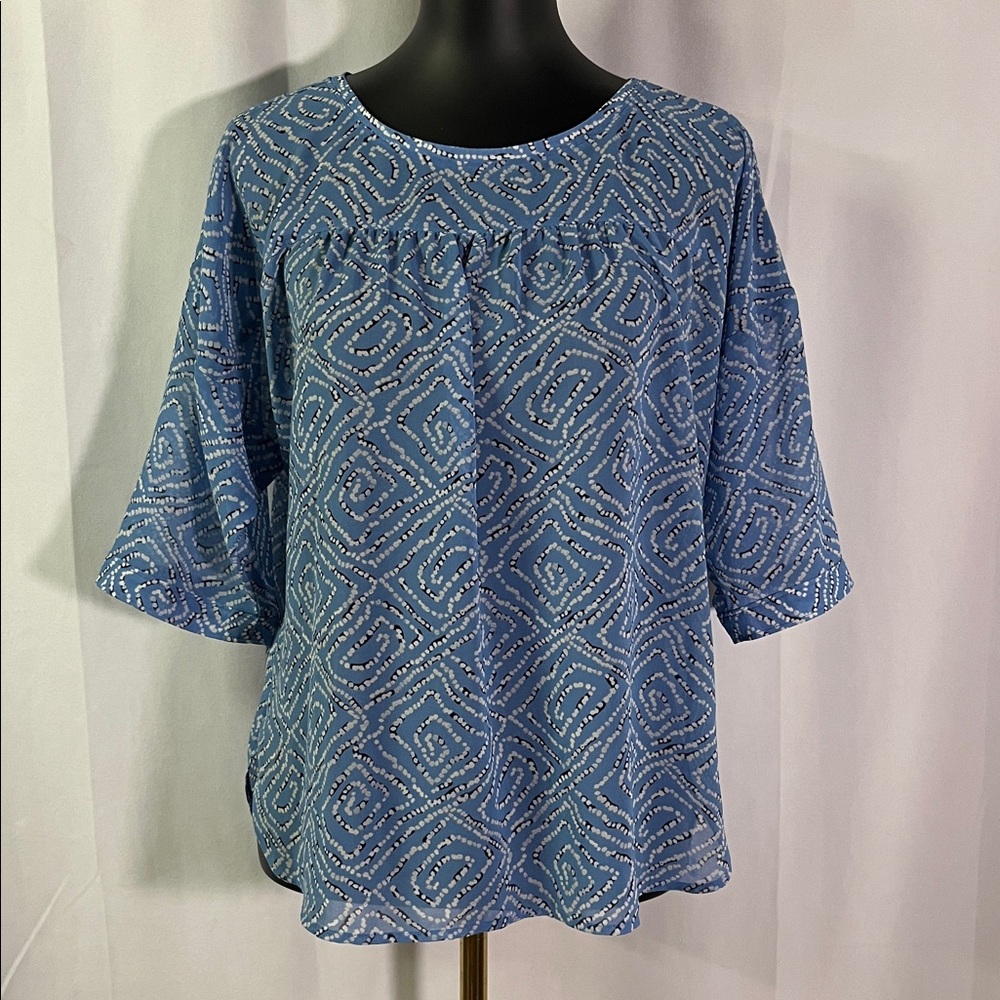 LOFT Semi-Sheer Blue & White Printed Drop Shoulder Round Neck Blouse
